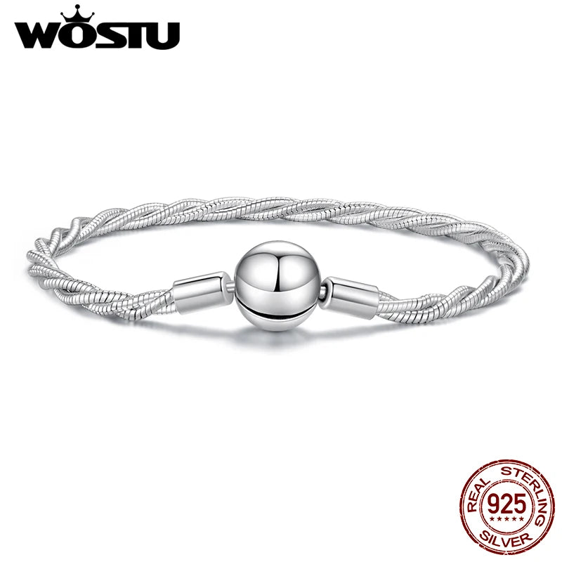 WOSTU Solid 925 Sterling Silver Twisted Snake Chain Bracelet for Women, Luxury Ball Clasp Adjustable Basic Bangle Wrist Jewelry