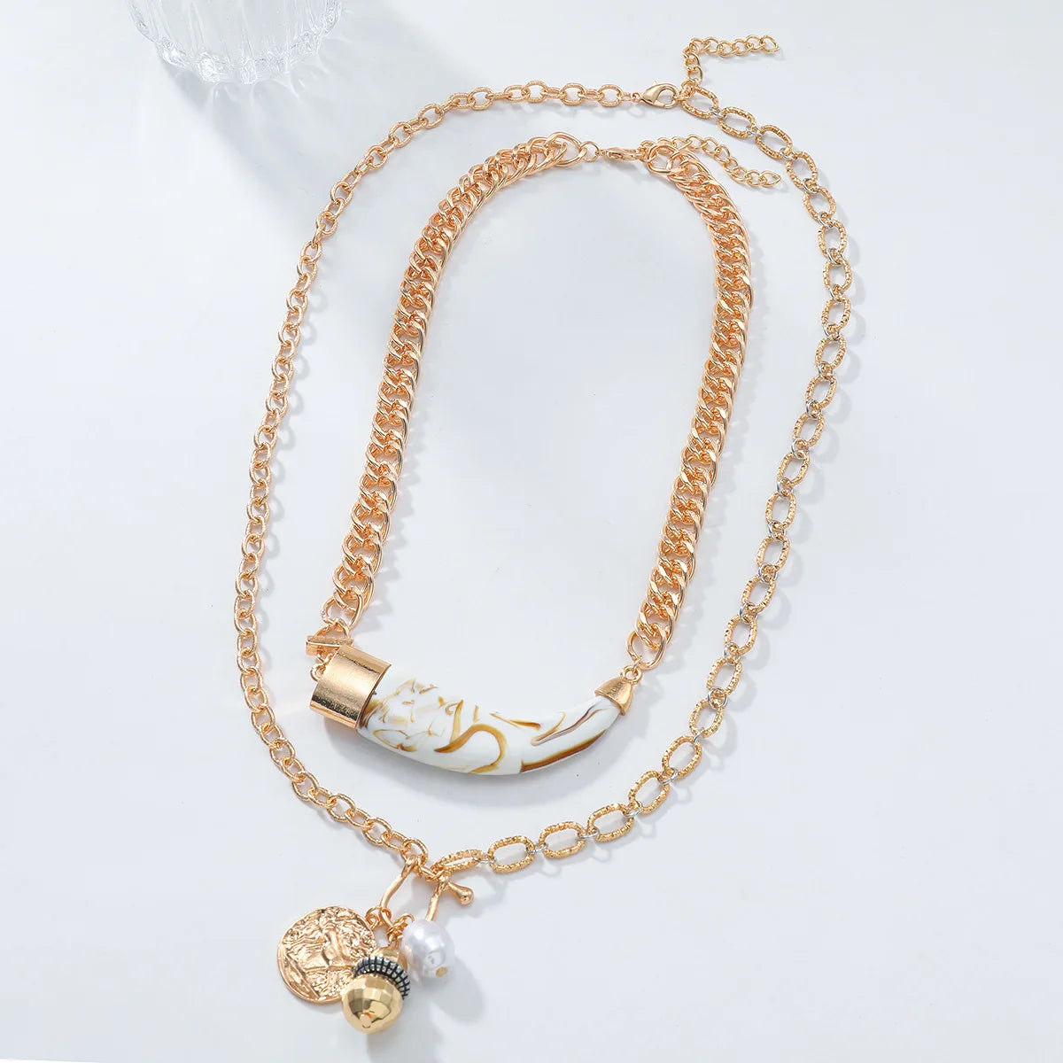 ZAA Cow Horn Multi-layer Imitation Pearl Geometry Women's Punk Necklace