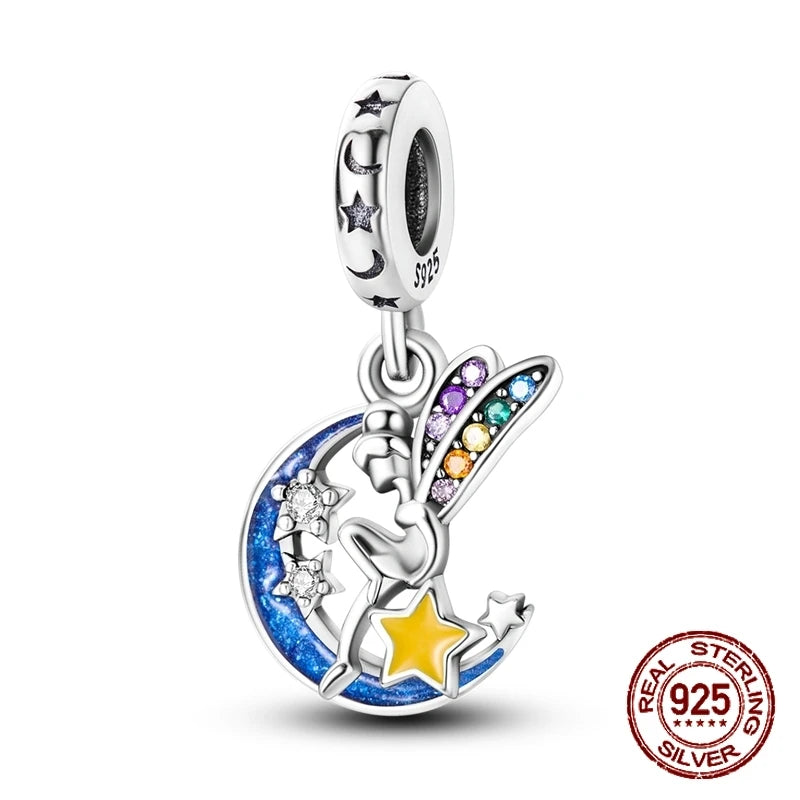 Breloque en argent sterling 925 représentant la lune, l'étoile, l'avion, l'espace, série bleue, compatible avec les bracelets Pandora originaux, bijoux à offrir