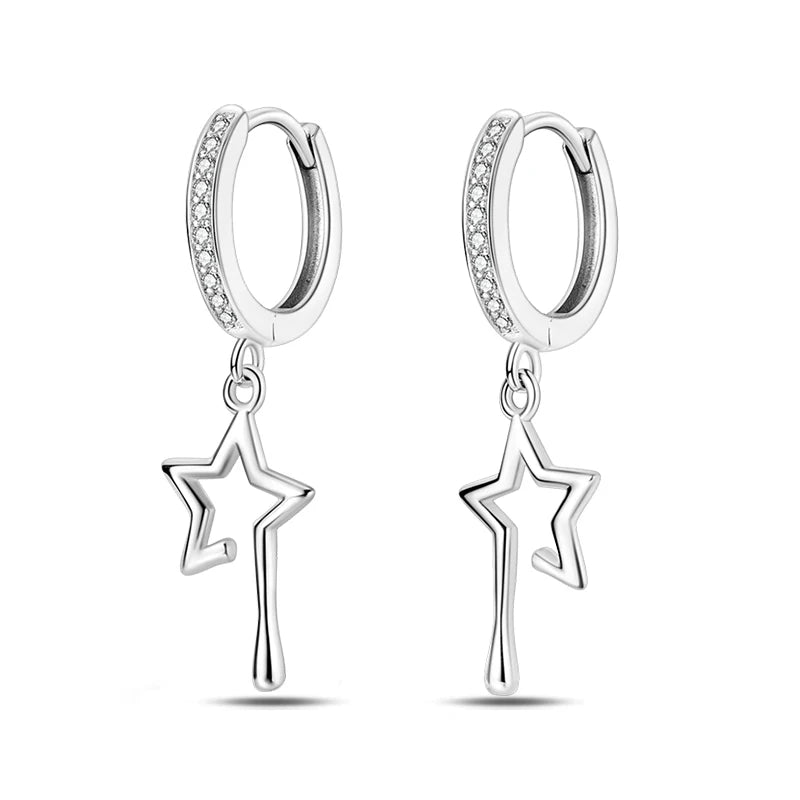 Classic Earrings 925 Silver Zircon Shiny Stars Moon Warm Sun Double Hoop Earrings For Women Original Birthday Party Jewelry Gift