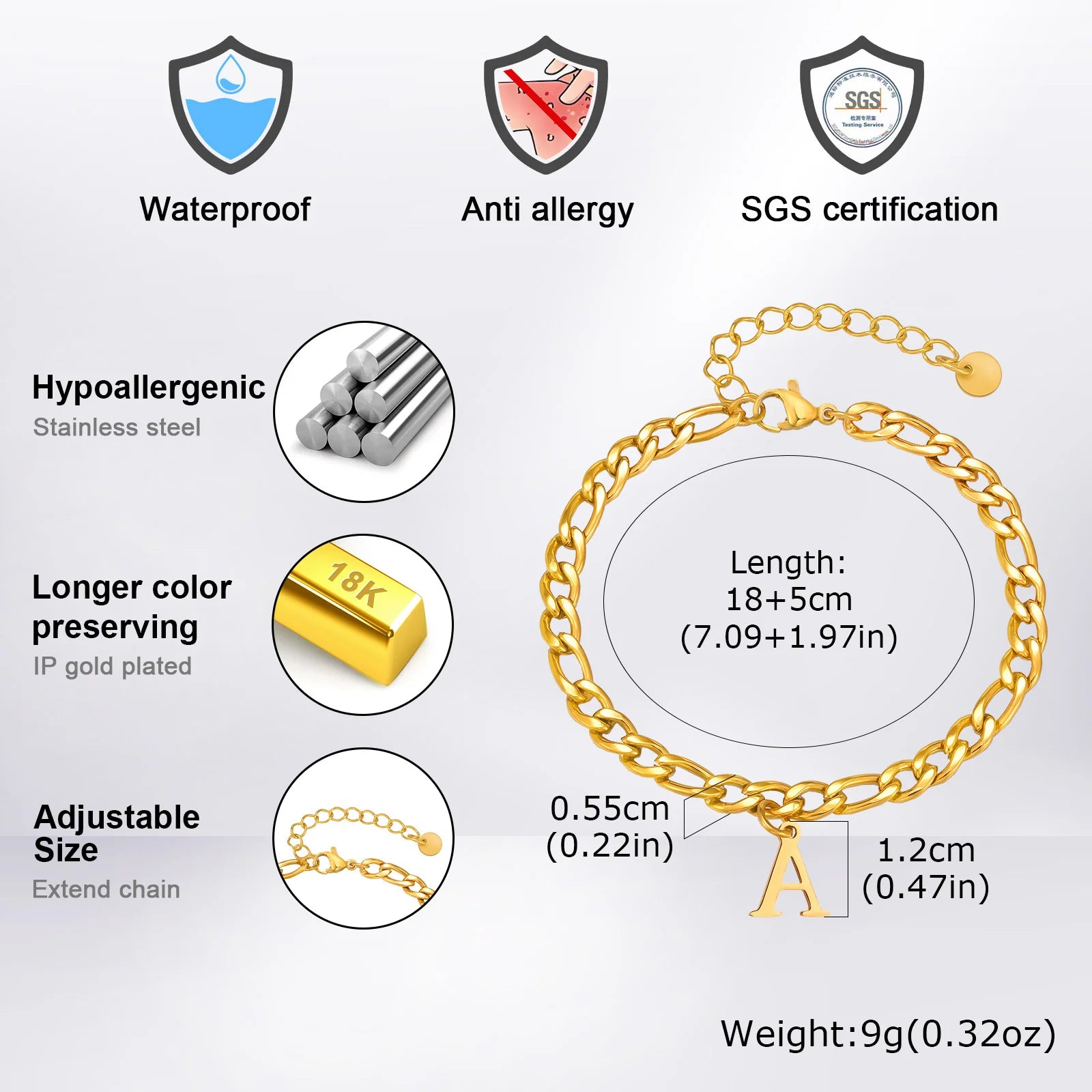 Vnox Mens Figaro Chain Bracelets A-Z Initials Charms Bracelet, Adjustable Stainless Steel Name Bracelet Fathers Day Gift for Dad