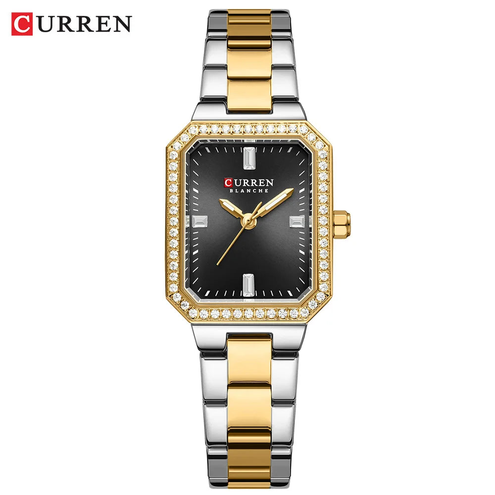 CURREN Luxurious Elegant Women's Watches Classic Rectangular Dial with Rhinestones Luminous Hands Waterproof