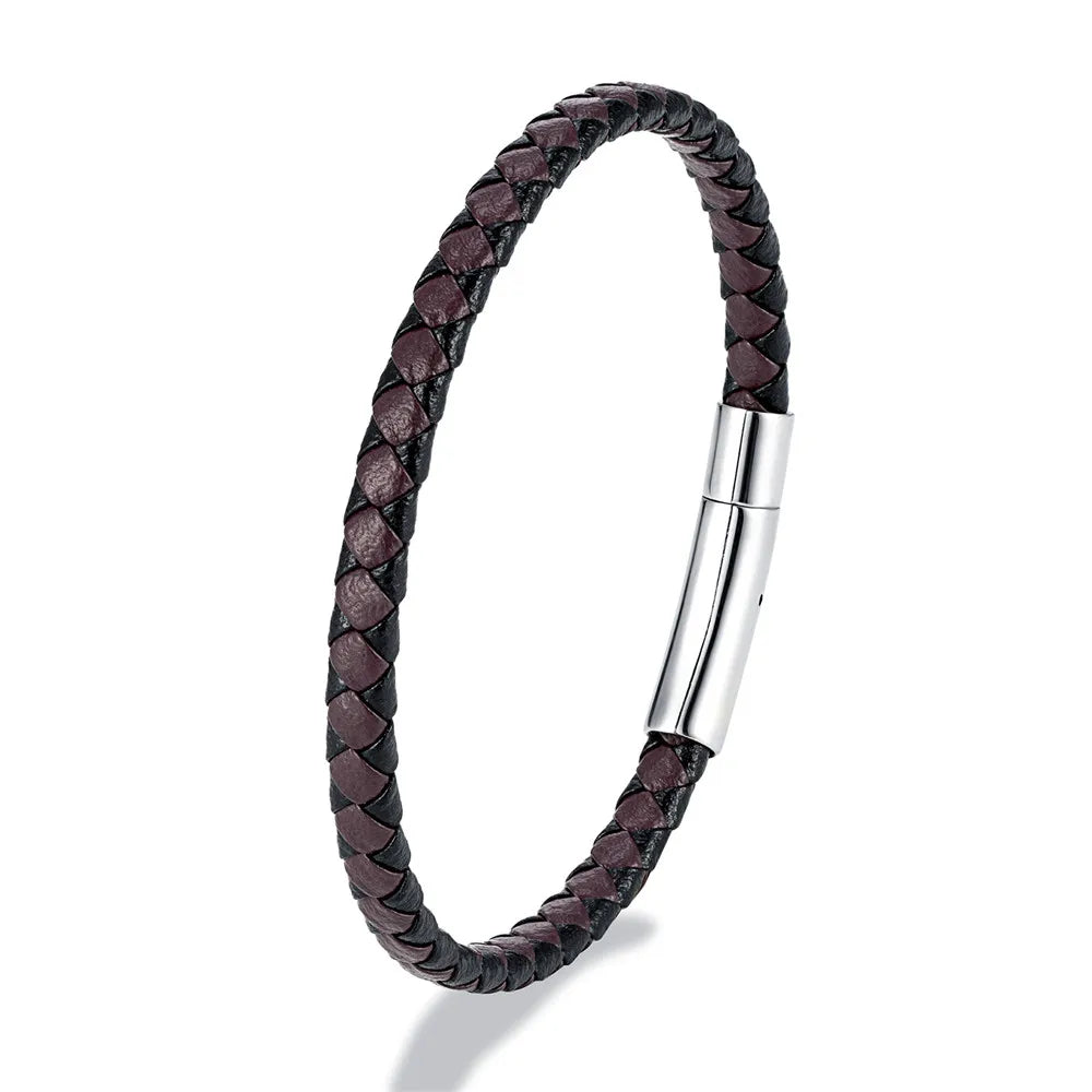 MKENDN Bracelet en cuir tressé noir bleu de style simple Bracelet en acier inoxydable avec boucle magnétique Bijoux pour hommes femmes Couple Cadeau