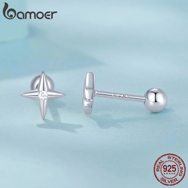 BAMOER 100% 925 Sterling Silver Star Stud Earrings, Handmade 6mm Dainty CZ Gold Plated Earrings for Women Jewelry Gift SCE1117