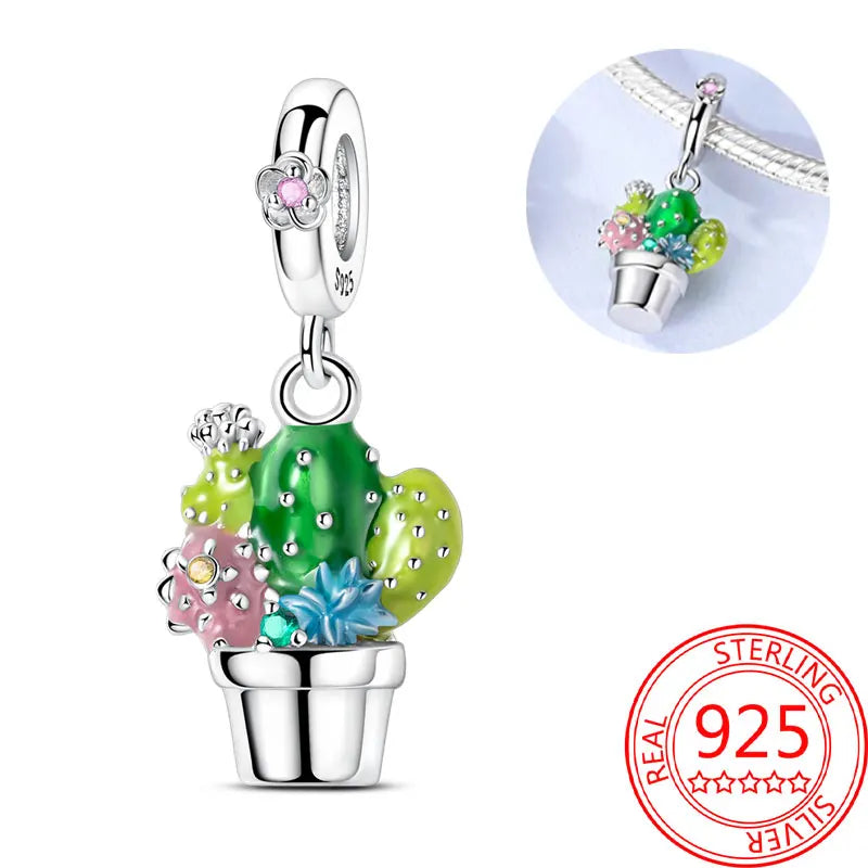 925 Sterling Silver Charm Green Monstera Leaves Charm Fit Bracelet Original Charm Bead for Women Jewelry DIY Making Fine Gift
