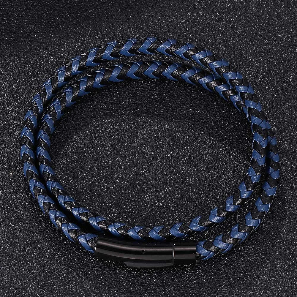 MKENDN Classic Black Stainless Steel Black Blue Braided Leather Bracelet Men Women Handmade Woven Double-Layer Jewelry Gift