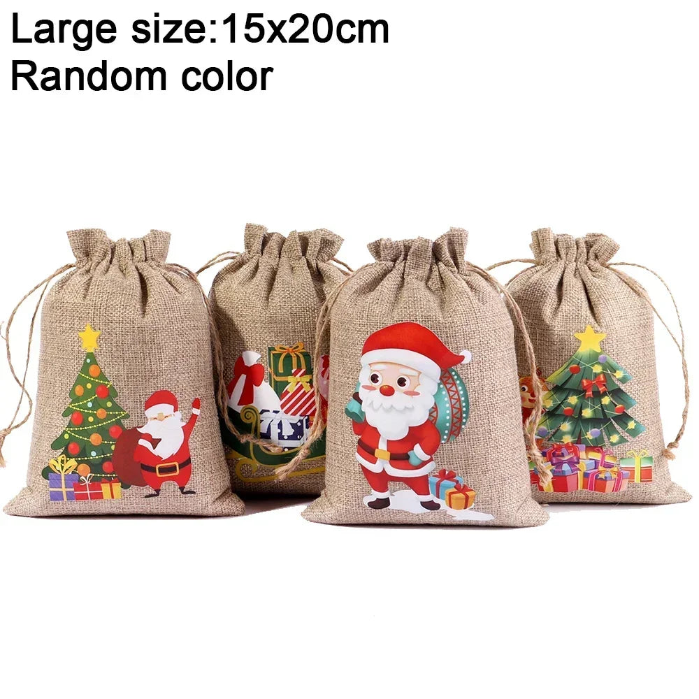 1/30PCS Christmas Linen Drawstring Bags Candy Biscuits Pouchs Burlap Bracelet Jewelry Storage Bags Xmas Kids Gift Packaging Bags
