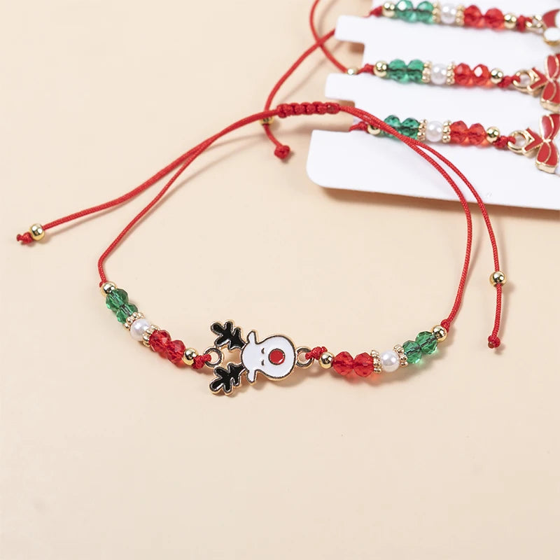 12PCS/SET Christmas Charm Bracelet Set Santa Claus Snowman Bells Elk Snowflake Rope Adjustable Bracelet for Women New Year Gift