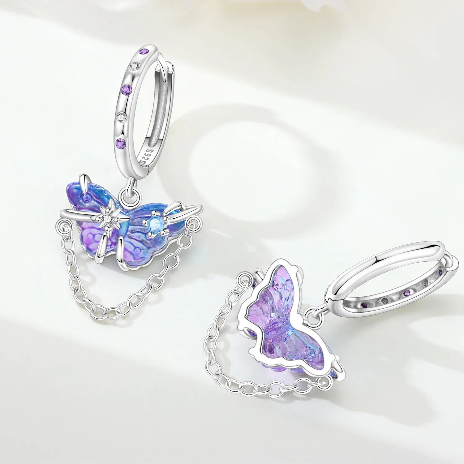 PANPOKI 925 Sterling Silver Purple Butterfly Insect Drop Earrings Women Earrings Charm Fashion Versatile Party Jewelry Gifts