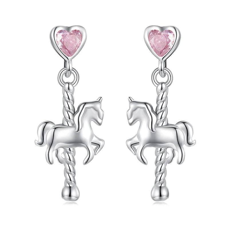 WOSTU 925 Sterling Silver Lovely Girl Birthday Jewelry Pink Heart Carousel Stud Earrings Studs Gift For Daugter Family CQE1857
