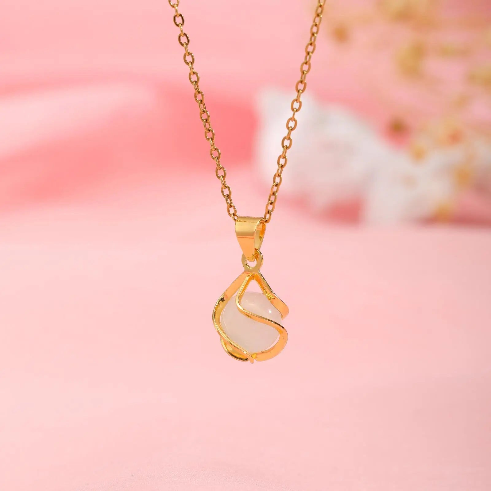 Vnox Elegant Gold Color Women's Pendant Necklace New Design Geometric Hollow Opal Pendant Charm Neck Jewelry Daily Wear