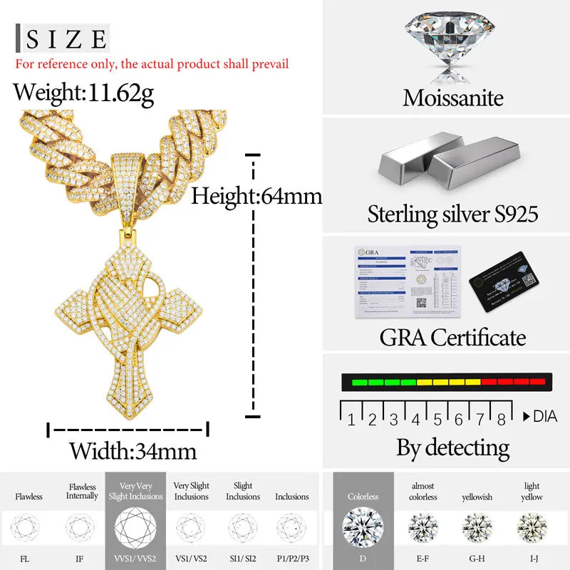 TUHE Full Moissanite Cross Pendant Necklace Original 925 Sterling Sliver Chain Plated 18k White Gold Fine Necklace For Women