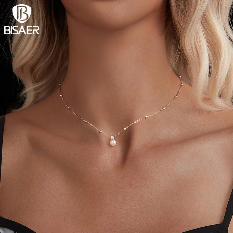 BISAER Moissanite Pearl Necklace Cutting Lab Grown Diamond 925 Sterling Silver Necklaces Plated White Gold Wedding Fine Jewelry