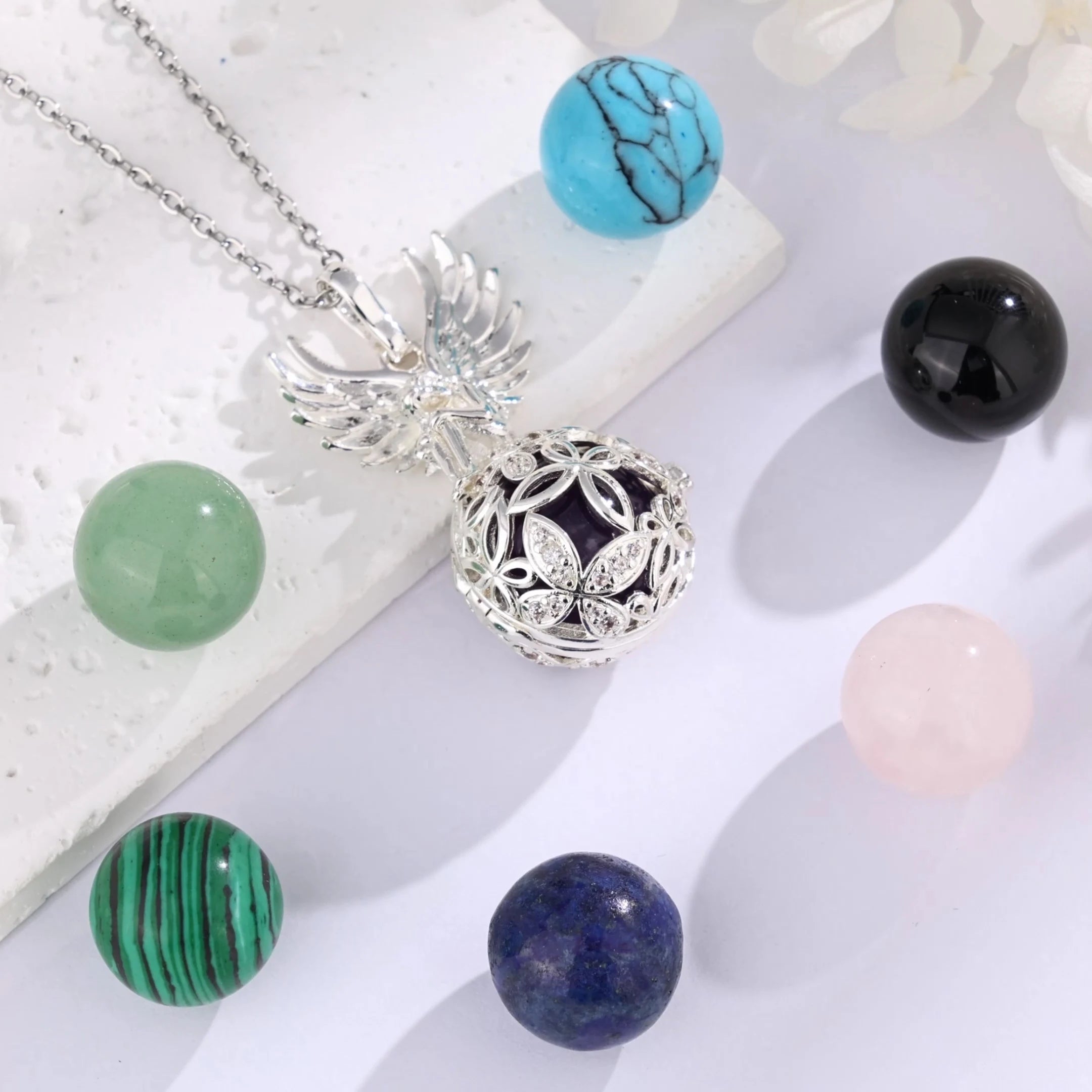 Eudora Angel Girl Flower Cage Necklace Amethyst Energy Healing Crystal Stone Jade Lapis Pendant Spiritual Jewelry Obsidian Gift