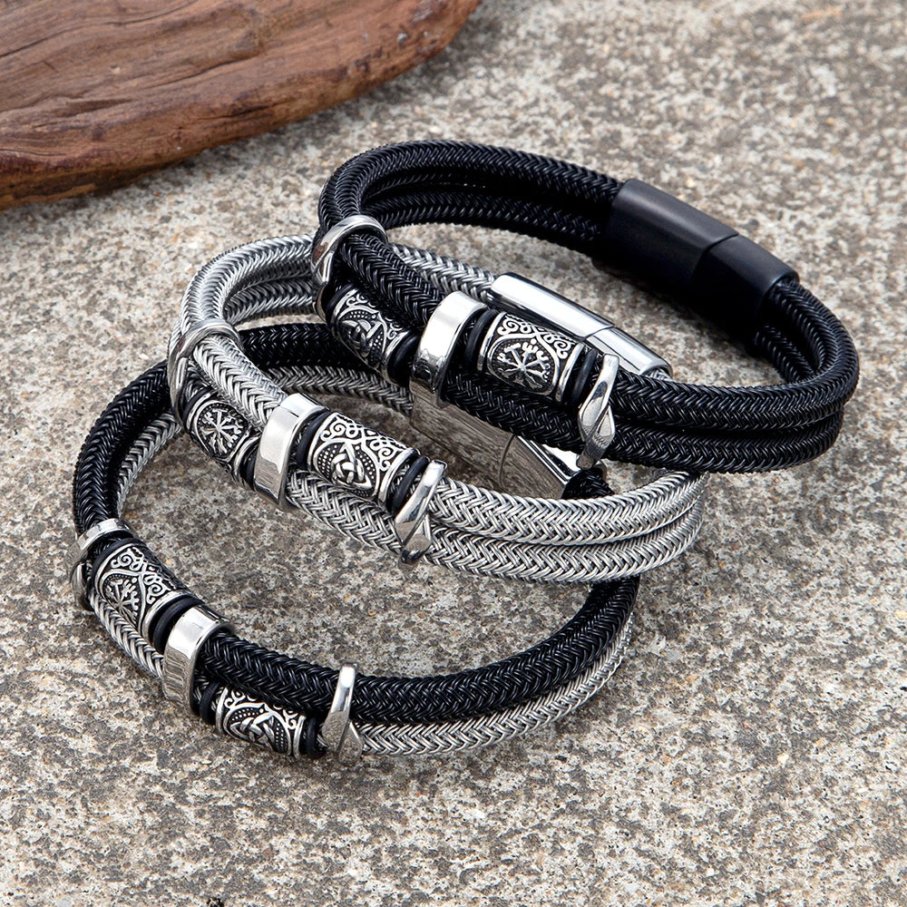 MKENDN Viking Style Men Jewelry Non-fading Steel Wire Rope Bracelet Norse Compass Runes Amulet Luxury Male Wristband Gifts