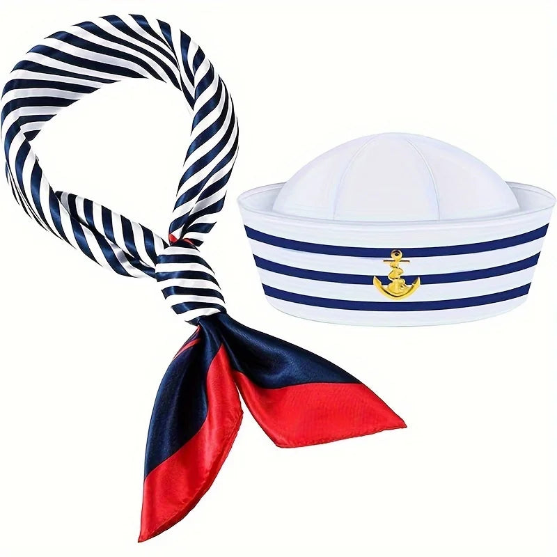 3 sets of navy captain hats, sailor hats, scarves, summer beach pool party cosplay hats, Halloween costume accessories
