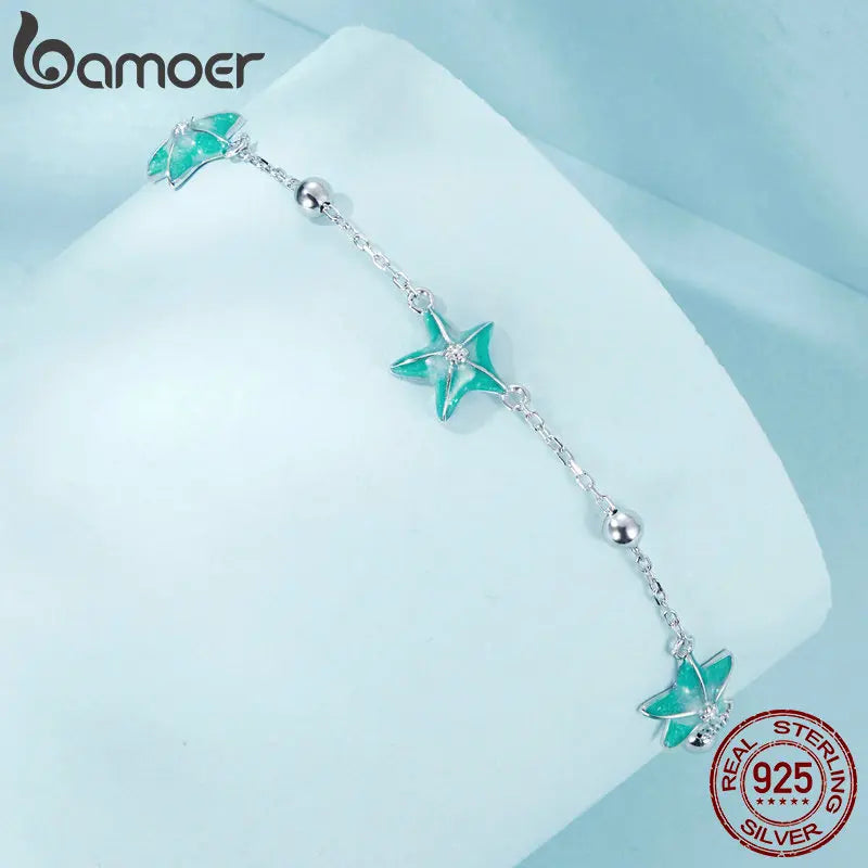 925 Sterling Silver Gradient Blue-green Starfish Link Chain Bracelets for Women Ocean Series Jewelry Gift SCB276