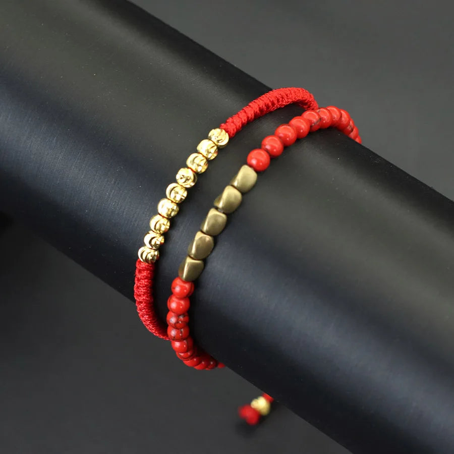 2Pcs Bracelet Set For Men Irregular Gold Color Beads Handmade Braided Good Luck String Braclet Father Day Gift Casual Pulseria