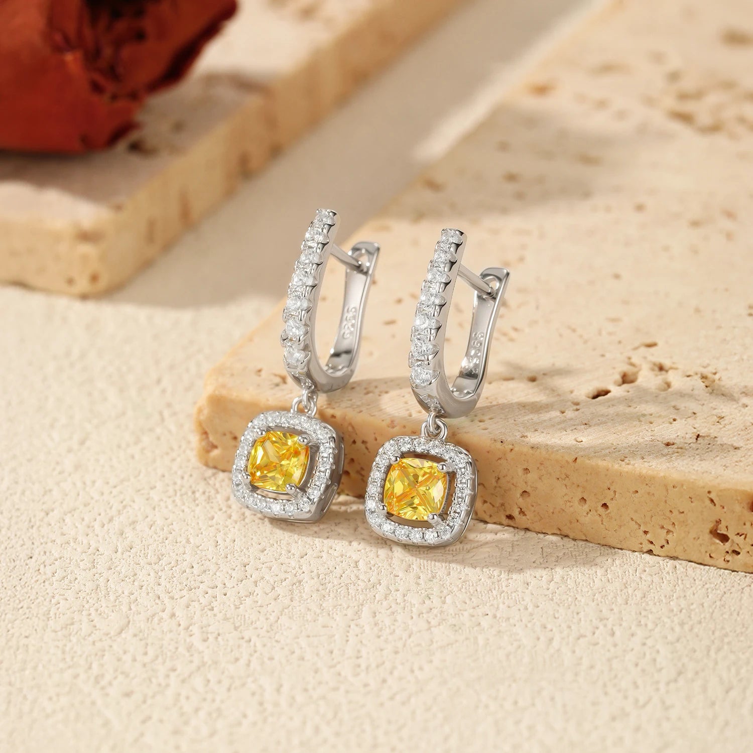 MODIAN Luxury Sugar Cube Swings Earrings 925 Sterling Silver Sparkling Yellow CZ Hoop Earrings For Women Party Fine Jewelry