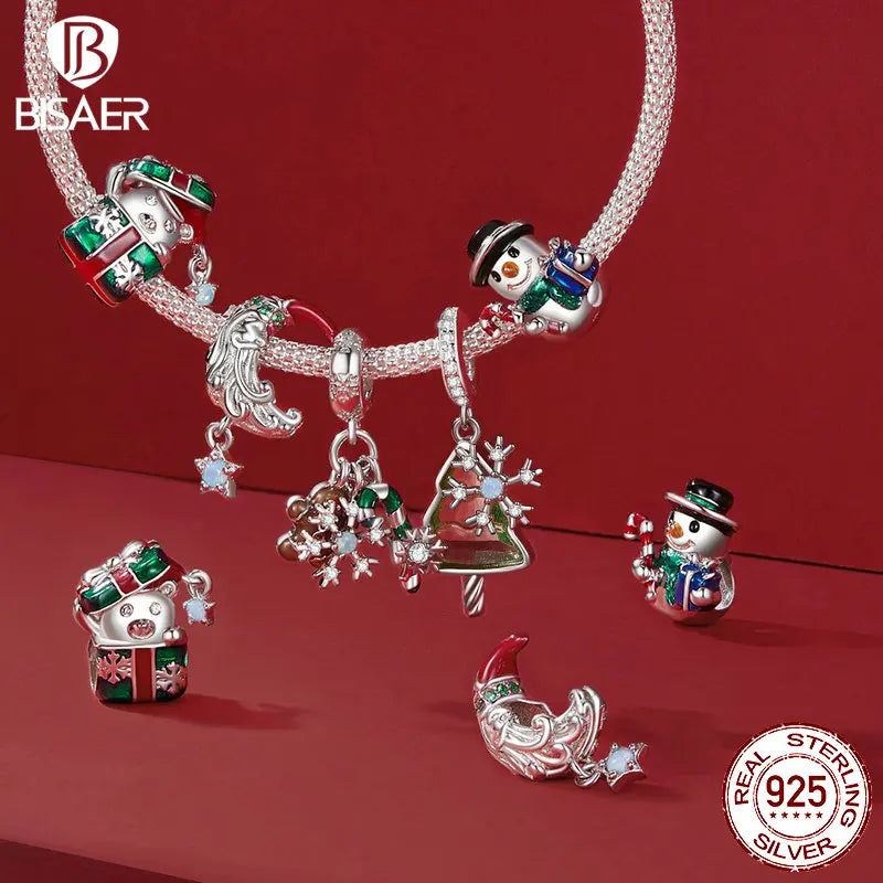 BISAER 925 Argent Sterling Noël Elk Bonhomme en Pain d'épice Père Noël Breloque Perles Arbre de Noël Cloche Renne Pendentif Fit Bracelet DIY