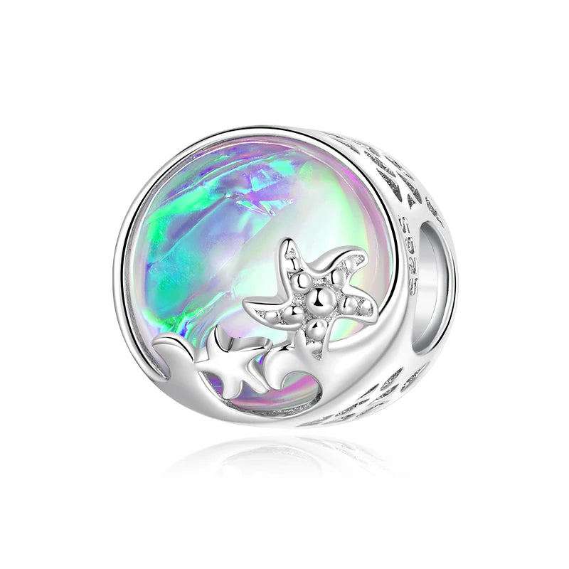 WOSTU 925 Sterling Silver Colorful Ocean Starfish Round Heart Charm Butterfly Murano Glass Bead Fit Original Bracelet DIY Gift