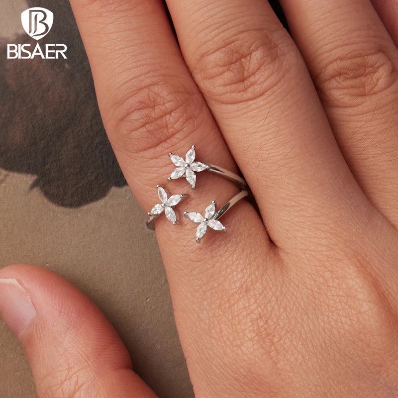 BISAER 925 Sterling SilverAutumn Leaves Open Ring Sparkling Leaf Zircon Band Plated White Gold for Women Party Fine Jewelry Gift