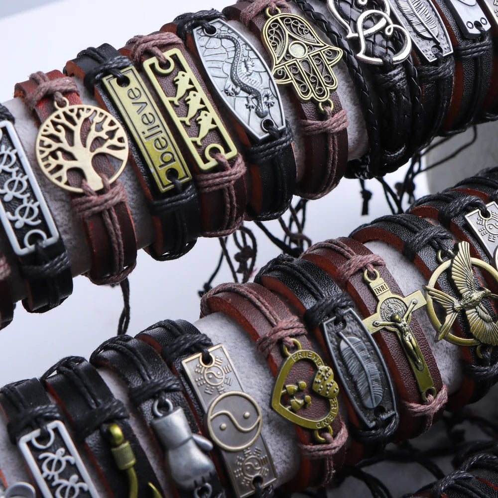 Lot de 10 bracelets vintage, manchettes, breloques en métal vintage, bracelets en cuir en forme d'étoile, bijoux pour femmes et hommes, amis