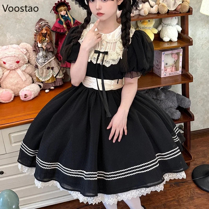Elegant Kawaii Lolita Princess Dress Women Harajuku Sweet Bow Lace Ruffles Black Mini Dresses Japanese Gothic Y2k Party Dress