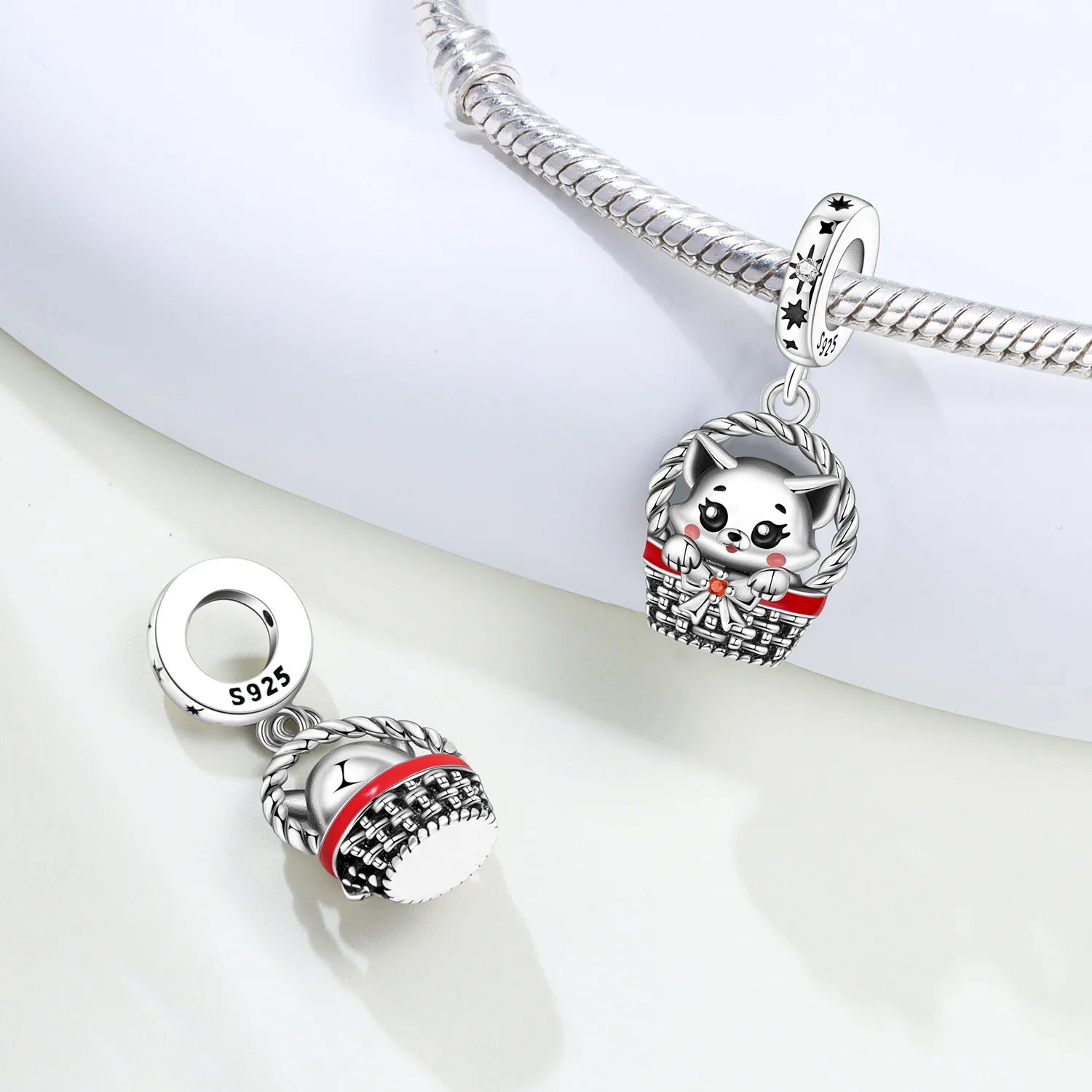 PANPOKI 925 Sterling Silver Basket Cat Pet Animal Pendant Beads Original Pendants Bracelet Charm Jewelry Party DIY Trendy Gift