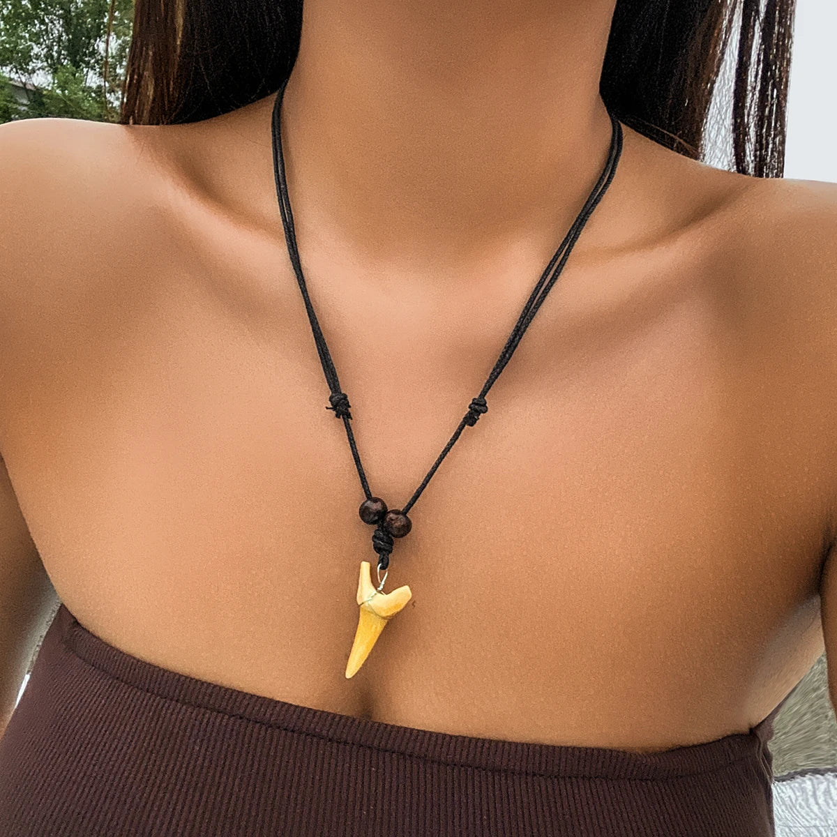 IngeSight.Z Vintage White Tooth Pendant Necklace Women Simple Wood Beads Wax Thread Adjustable Choker Necklace Surfer Jewelry