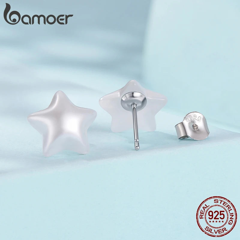 BAMOER 925 Sterling Silver Resin Star Earrings for Women, Smooth Luster Halo Stud Earring with Pearl Color Elegant Party Gift