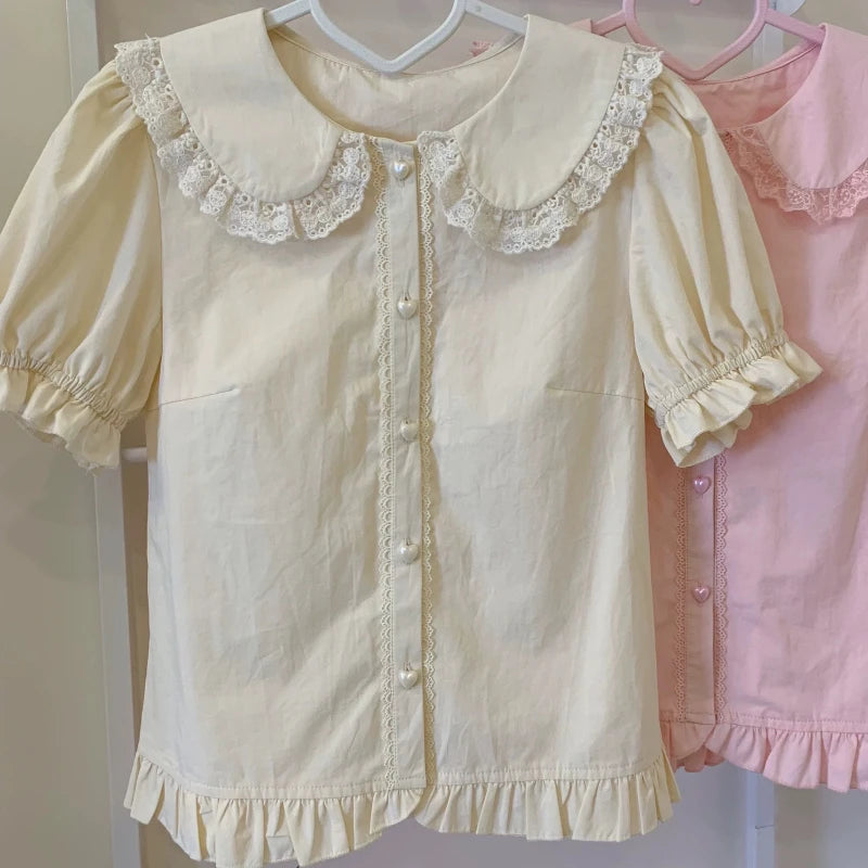 Japanese Kawaii Lolita Shirts Women Sweet Puff Short Sleeve Lace Ruffles Slim Blouses Girls Cute Y2k Clothes Tops Blusas Mujer
