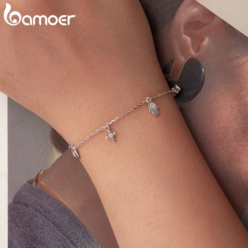 BAMOER 925 Sterling Silver Cross Amulet Bracelet Hand of Fatima Pendant Link Chain Adjustable for Women Birthday Lucky Gift