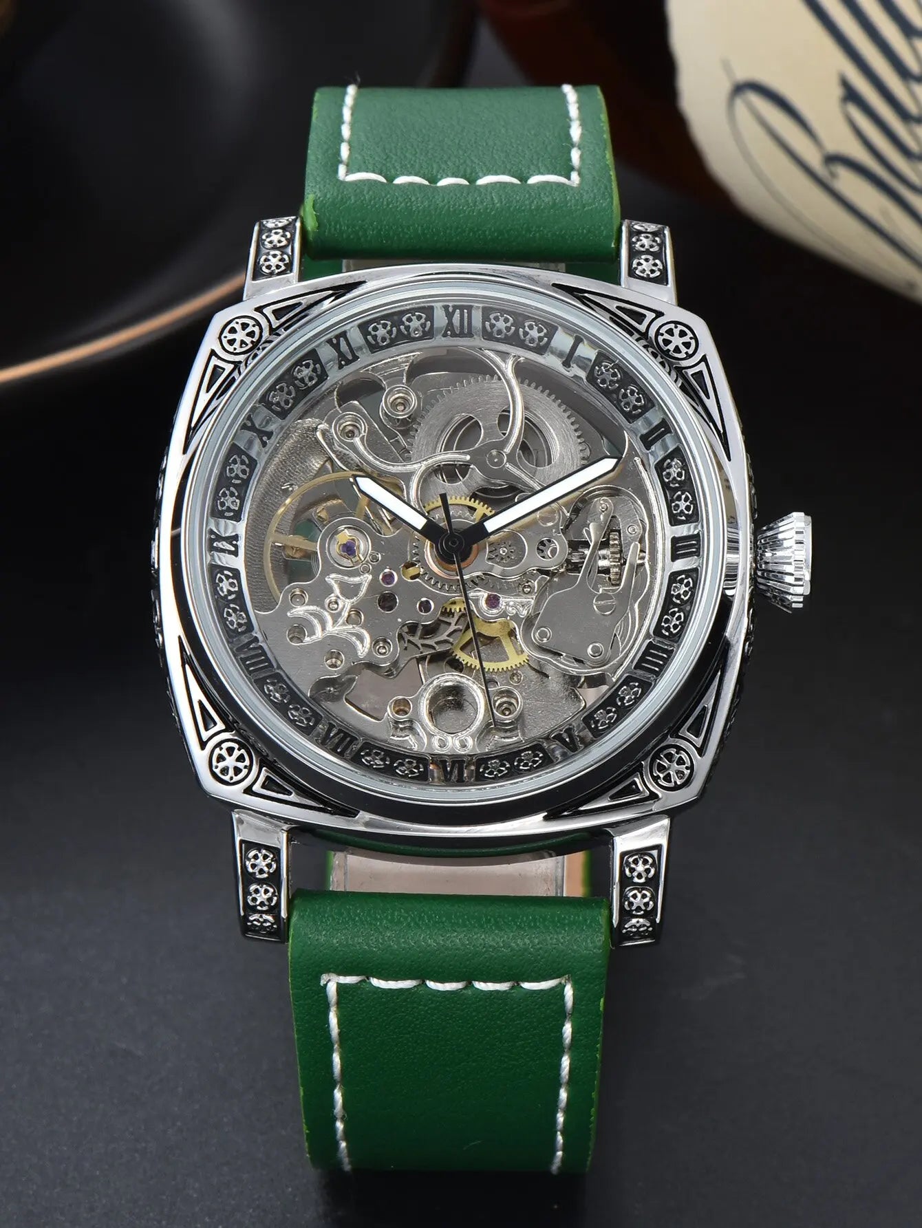 automatic watch retro style wholesale mechanical wristwatches skeleton carve waterproof leather no logo mens watch