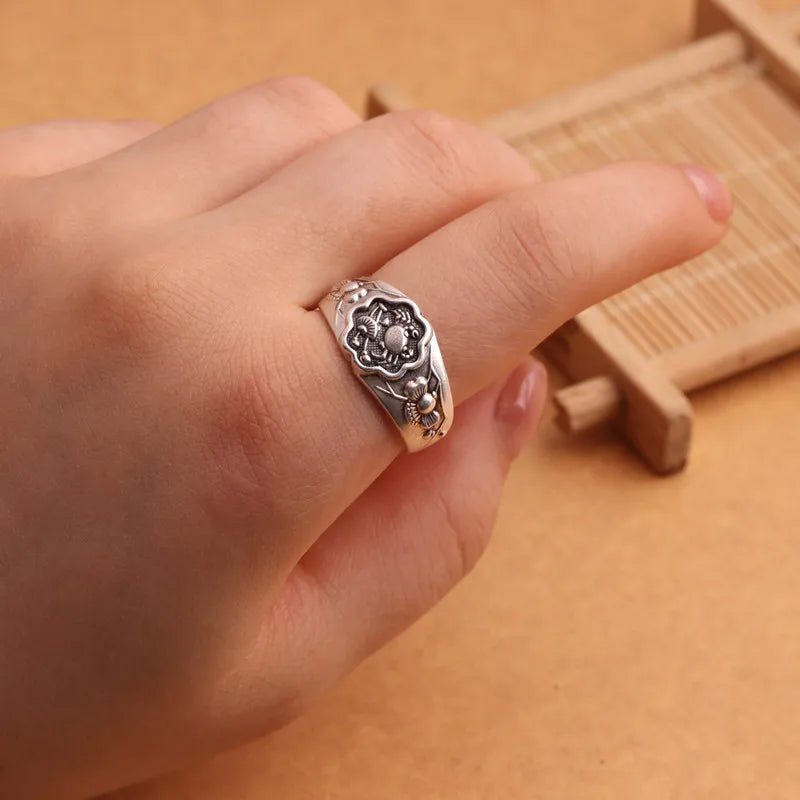 Buyee 925 Sterling Silber Original Design Ring Finger Geschnitzte Blume Offener Ring für Frauen Mann Mode Grau Feine Schmuck Kreis