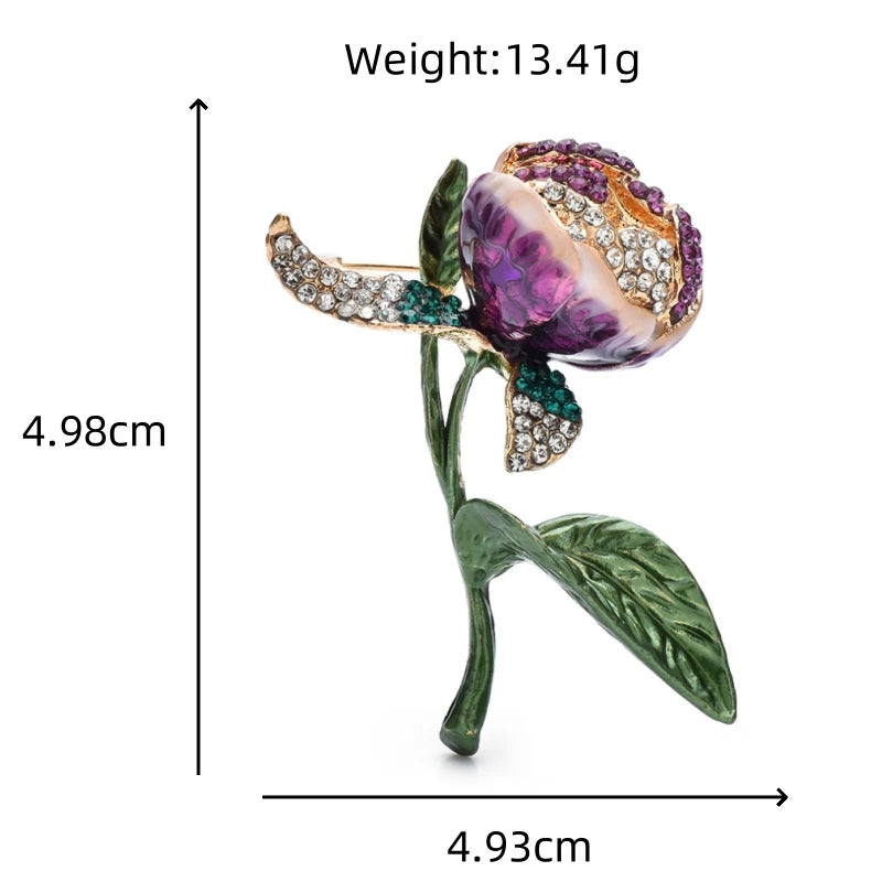 Wuli&baby Enamel Purple Tulip Flower Green Leaf Clear Crystal Stamen Women Brooch Pins Jewelry Accessory