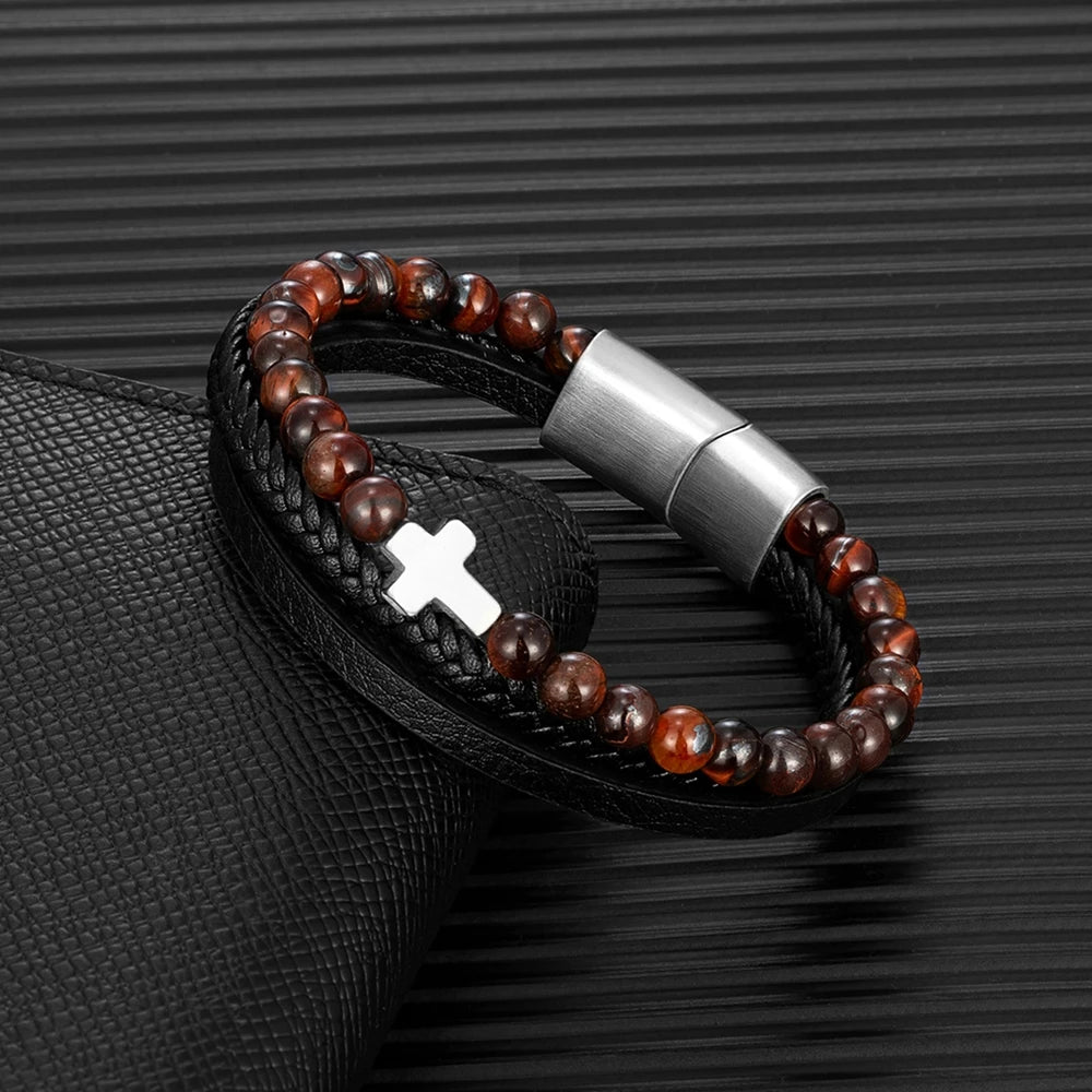 MKENDN Punk Men Cross Bracelet Multilayer Braid Leather Natural Stone Beaded Bracelet Stainless Steel Magnetic Clasp Bangle Gift