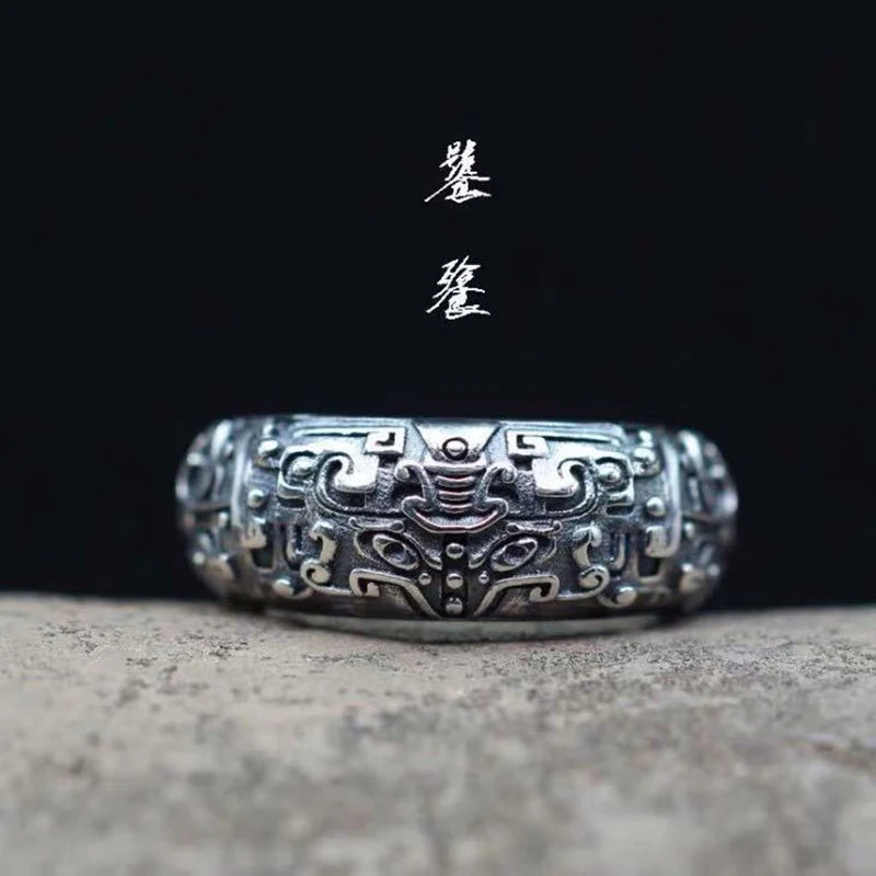 Retro Taotie Chinese Mythology Ring For Men Silver Color Punk Gothic Adjustable Ring Handmade Unisex Jewelry Accessories Gift