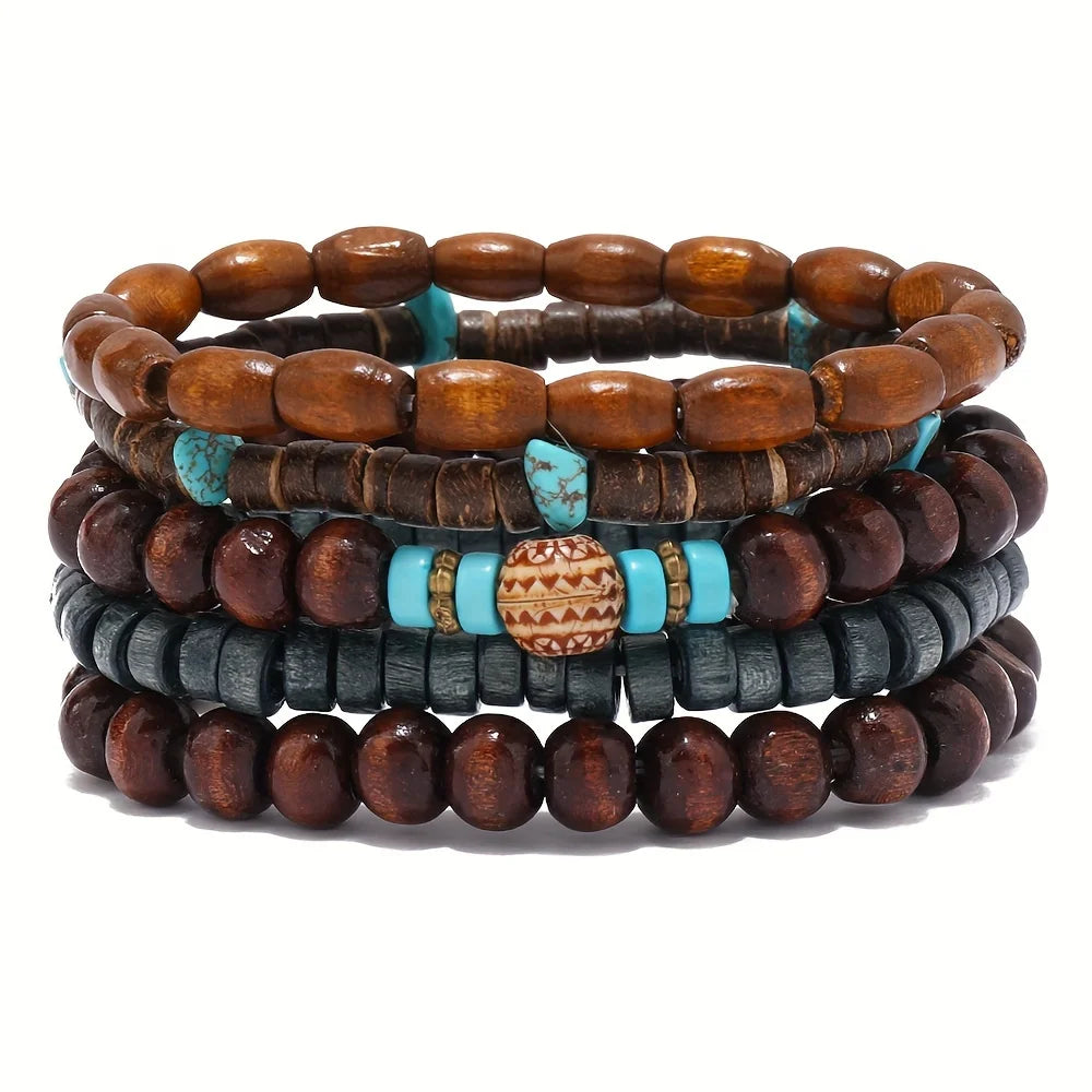 Vintage Cross Multi-Layer Beaded Wooden Beads Men's Bracelet Multi-Piece Set Bracelet