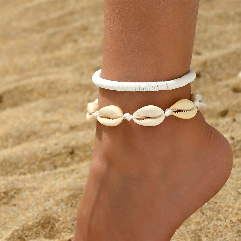 2pcs/Set Creative Ocean Animal Conch Shell Anklets For Women White Foot Chains Beach Jewelry Ankle Bracelet Summer Accessories