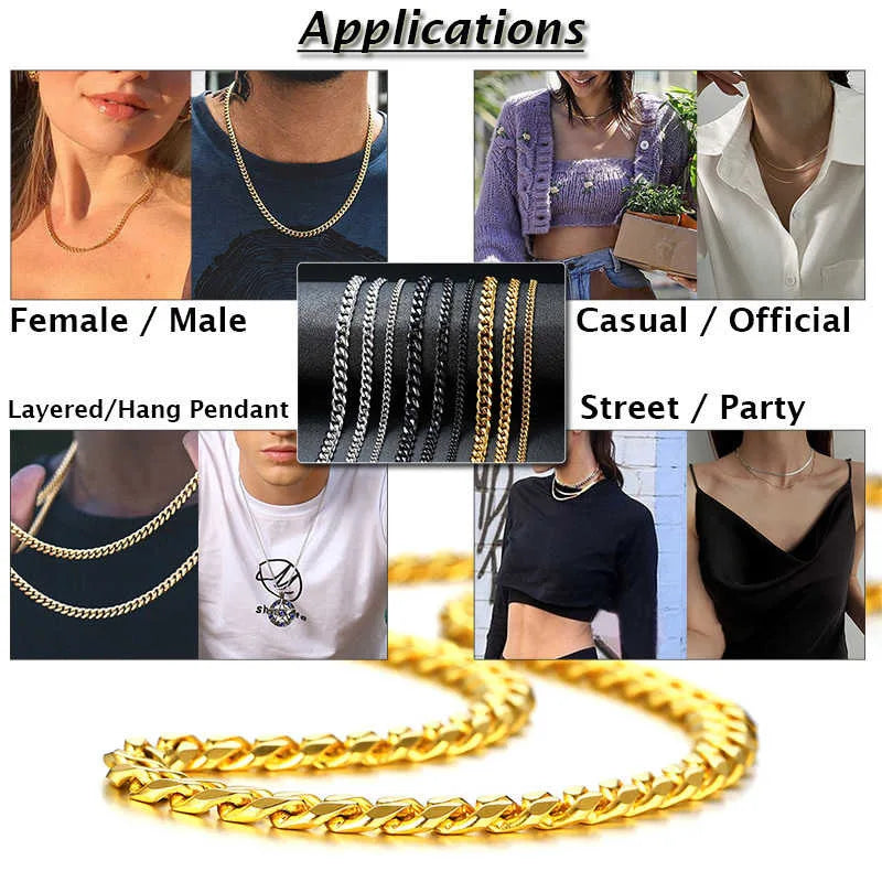 Classic Basic Stainless Steel 3-11mm Curb Cuban Necklaces For Men Women Black Gold Color Link Chain Chokers Solid Metal Jewelry
