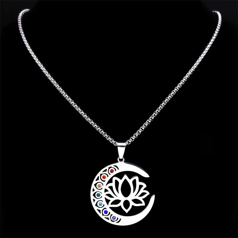 Flower Lotus Moon Pendant Necklace for Women Men Stainless Steel Silver Color 7 Chakra Healing Balance Chain Jewelry N9725S02