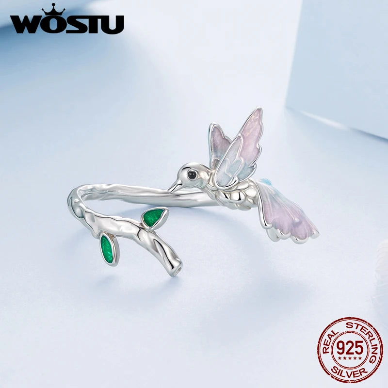 WOSTU 925 Sterling Silver Kingfisher Open Ring For Women, Pink Green Leaf bird Stackable Rings Fine Jewelry Party Gift