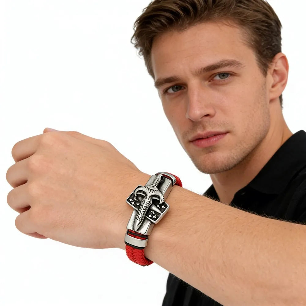 MKENDN Viking Style Men Braided Genuine Red Leather Bracelet Warrior's Sword Stainless Steel Magnetic Buckle Homme Pulseras
