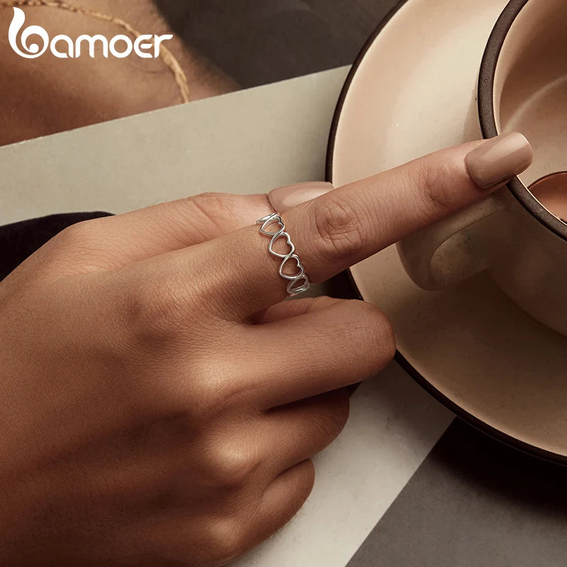 BAMOER S925 Sterling Silber ausgehöhlter Herz-Fingerring für Frauen Geburtstag Valentinstag Geschenk Süße Liebe Edler Schmuck