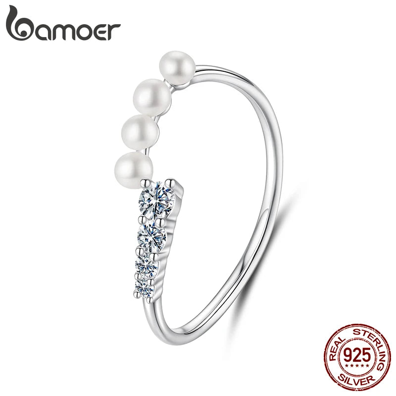 BAMOER Süßwasserperlen-Moissanit-Ring mit 4 Steinen in verschiedenen Größen, rund geschliffenen Labordiamanten, 925er Sterlingsilber, eleganter Schmuck für Damen