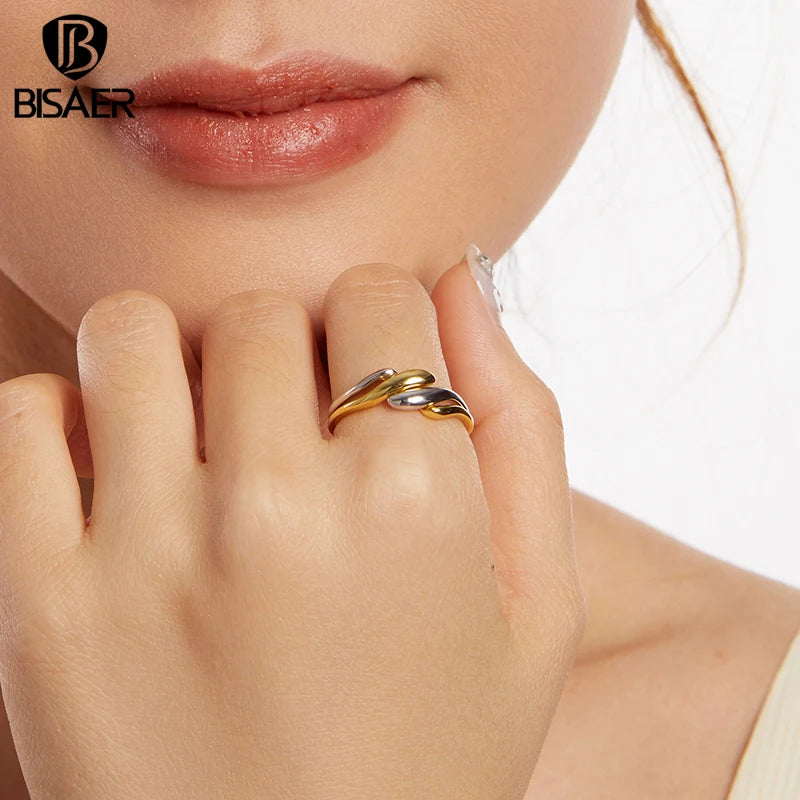 BISAER 925 Sterling Silver Simple Geometry Promise Eternity Ring Adjustable 2-in-1 Couple Band  for Lover Party Fine Jewelry