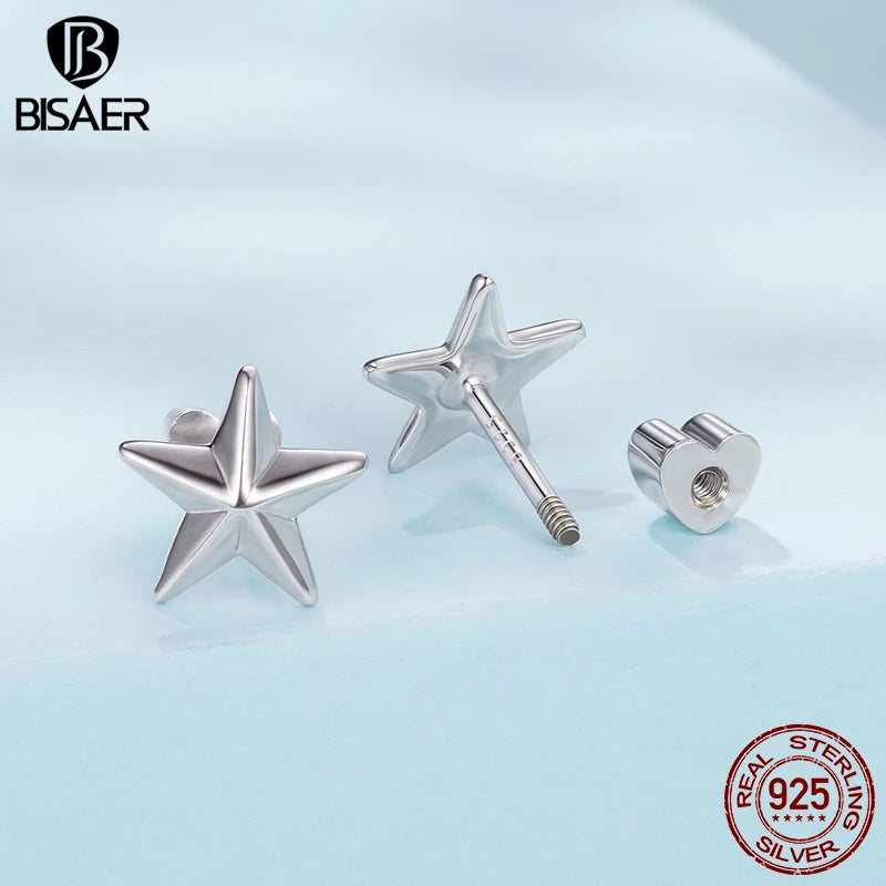 BISAER Real 925 Sterling Silver Star Stud Earrings Minimalist Stars Earrings Plated White Gold for Women Party Fine Jewelry Gift
