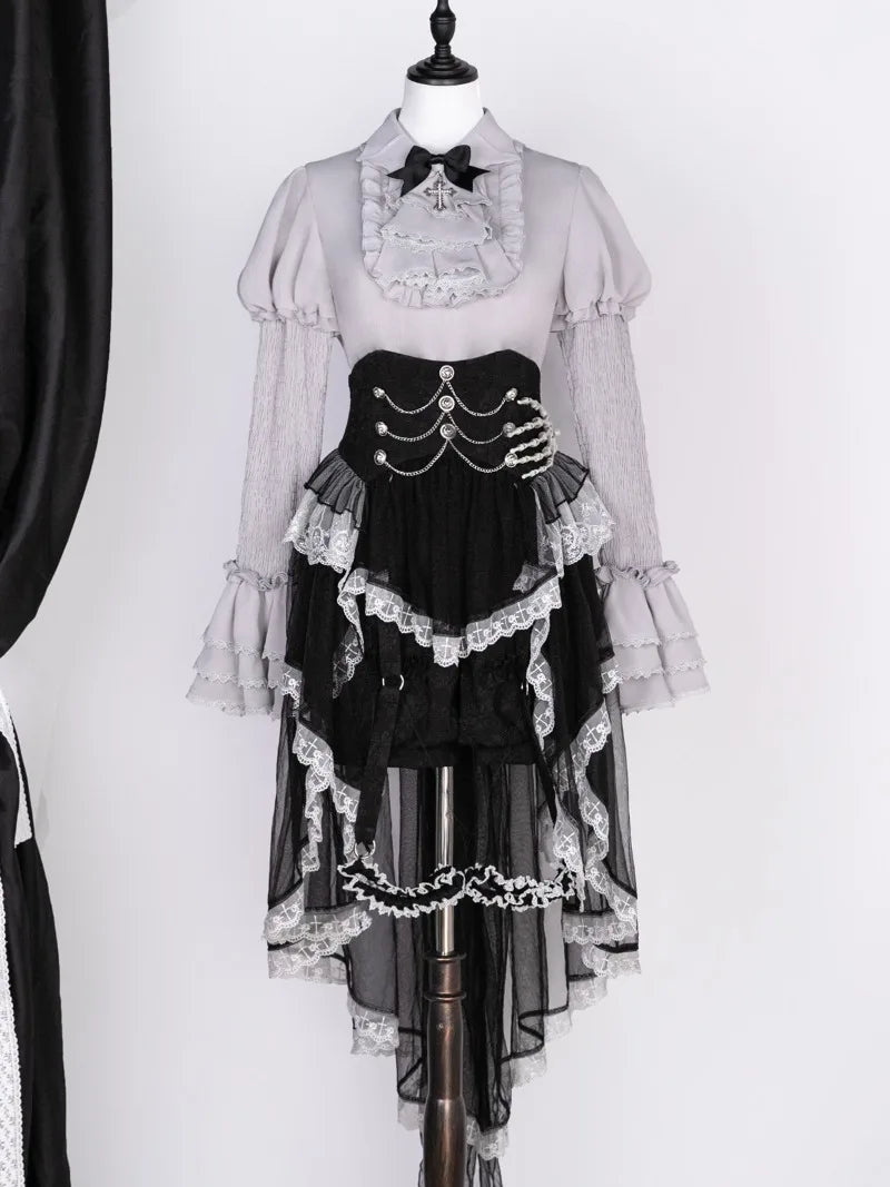 Victorian Vintage Gothic Lolita Dress Set Women Punk Y2k Long Sleeve Shirt Lace Ruffle Black Skirt Halloween Cosplay Party Dress