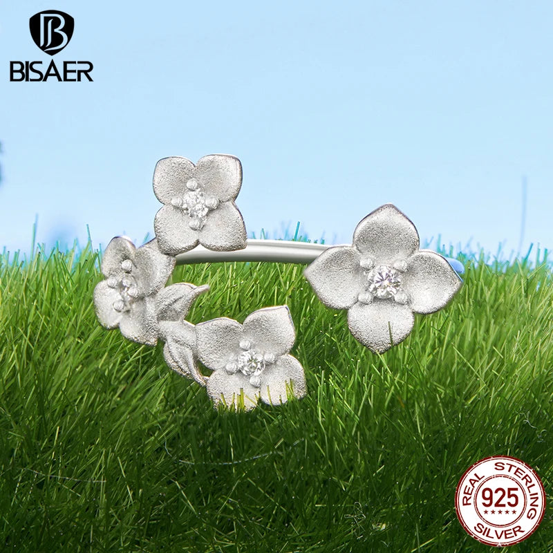 BISAER 925 Sterling Silver Frosted Texture Flower Jewelry Set Zircon Stud Earrings Open Ring for OL Women Party Fine Jewelry